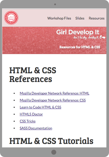 Girl Develop it class website on a tablet